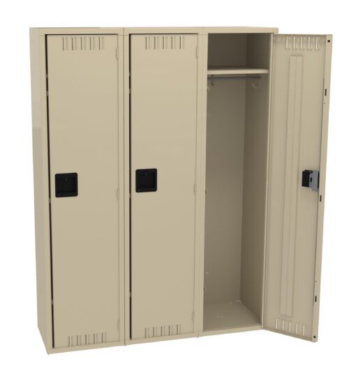 A beige metal locker unit with three sections. The first and second sections are closed, while the third is open, revealing a hanging rod and a shelf inside.