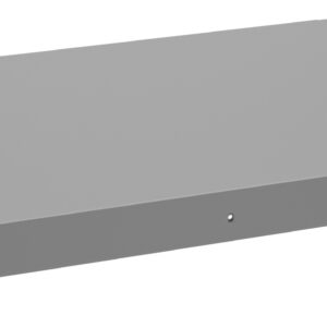 A flat, rectangular, grey metal electronic rack shelf with mounting brackets on the sides, designed for installation in a standard server rack.