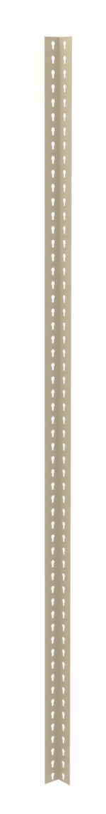A long, beige strip of angled metal with rows of small triangular perforations along its length. The metal has a slight bend at the center, creating a right angle, resembling corner beading typically used in construction.