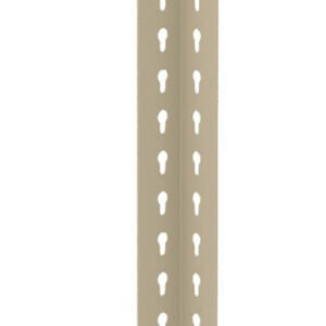 A long, beige strip of angled metal with rows of small triangular perforations along its length. The metal has a slight bend at the center, creating a right angle, resembling corner beading typically used in construction.
