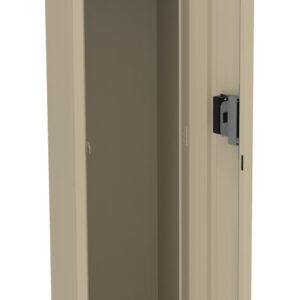 A beige metal locker stands with its door open, revealing an empty interior. Inside, there is a single shelf and a hook for hanging items. The locker has vent slits on the door and stands on four short legs.