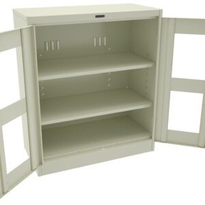 A metal storage cabinet with beige doors opened wide, revealing two interior shelves. The cabinet is empty and has a simple, industrial design.