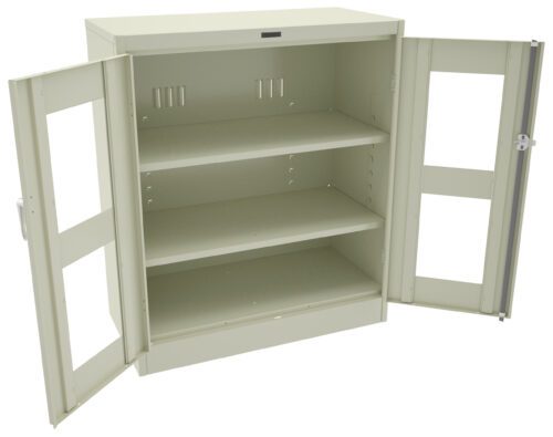 A metal storage cabinet with beige doors opened wide, revealing two interior shelves. The cabinet is empty and has a simple, industrial design.
