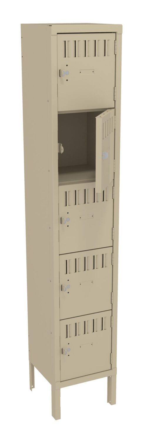 gi5ykyrtslqc7d0hy1ey.jpg A tall beige metal locker with five compartments. One compartment is open, showing an empty interior. Each compartment has ventilation slots and a latch for a padlock. The locker stands on four legs.