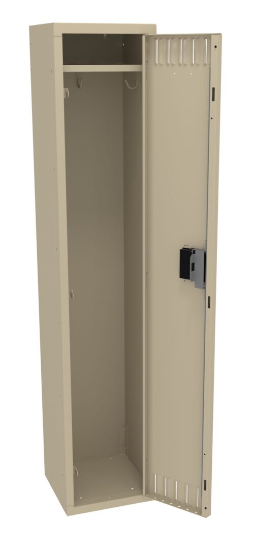 giibejqok3pbxzx1vi50.jpg Tall beige metal locker with an open door, revealing a single shelf at the top and an empty vertical space for storage. The locker has a handle and a lock on the door.