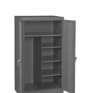 Open gray metal storage cabinet with two doors displaying various shelves on the right and a single tall space on the left. The cabinet is empty and set against a white background.