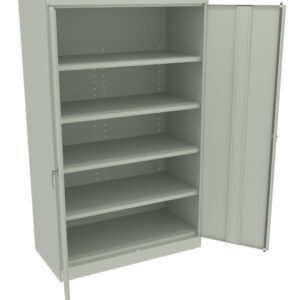 A gray metal storage cabinet with four horizontal shelves and one open door, revealing the interior shelving. The cabinet has a clean, industrial design suitable for office or garage storage.