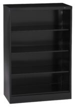 Black metal bookshelf with four shelves, set against a plain white background. The shelves are empty, and the design is simple and modern with a sleek finish.