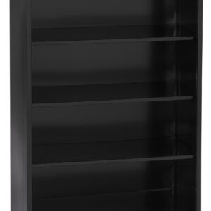 Black metal bookshelf with four shelves, set against a plain white background. The shelves are empty, and the design is simple and modern with a sleek finish.