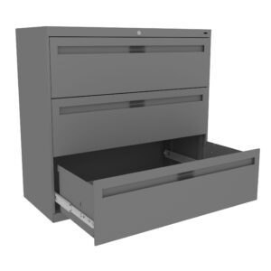 A gray metal filing cabinet with three drawers is shown. The bottom drawer is open, while the top two drawers are closed. The cabinet has a simple, modern design.