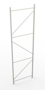 Tall, metal shelving unit frame with vertical and diagonal support bars, depicted against a plain white background.