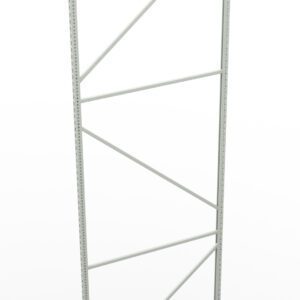 Tall, metal shelving unit frame with vertical and diagonal support bars, depicted against a plain white background.