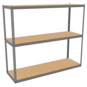A three-tier metal shelving unit with wooden shelves, designed for storage. The frame is gray with perforated vertical supports. The shelves are evenly spaced, providing ample space for organizing items. The background is plain white.