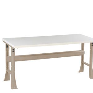 A simple, beige metal workbench with a flat white tabletop. It features adjustable legs and a sturdy design, set against a plain white background.