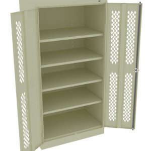 An open beige metal cabinet with perforated doors displaying five adjustable shelves. The cabinet provides storage space and the doors have a lock mechanism on the right side.