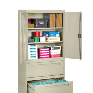 Open beige metal filing cabinet with two doors on top, revealing shelves with organized office supplies, binders, and boxes. Below, two drawers are open, filled with hanging file folders in blue and green tones.