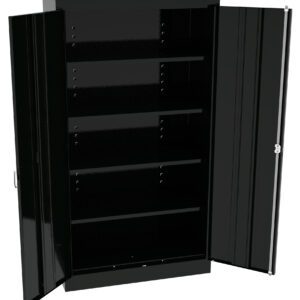 Open black metal cabinet with two doors, revealing four empty shelves inside. The cabinet has a sleek design and is suitable for storage purposes.