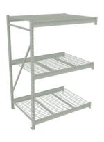 A gray metal storage rack with three wire shelves is shown. It has an open design with vertical supports and diagonal bracing for stability.