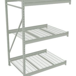A gray metal storage rack with three wire shelves is shown. It has an open design with vertical supports and diagonal bracing for stability.