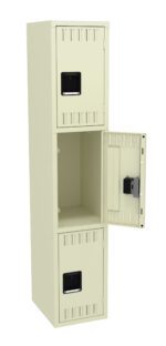 A tall, light beige locker with three compartments. The middle compartment door is open, showing the empty interior. The top and bottom compartments are closed. Each compartment has a black handle.