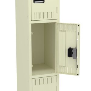 A tall, light beige locker with three compartments. The middle compartment door is open, showing the empty interior. The top and bottom compartments are closed. Each compartment has a black handle.