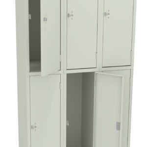 A beige metal locker unit with two rows of three lockers each. Some locker doors are open, revealing empty compartments inside. The unit stands on four legs.
