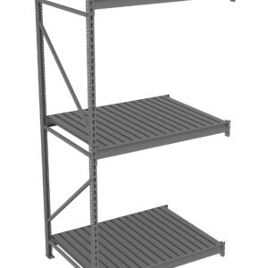 A gray metal shelving unit with three spacious, flat shelves. The shelving unit is sturdy, featuring open sides and a supportive back framework, suitable for storage or organization in a garage, warehouse, or industrial setting.