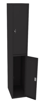 Black metal locker with two compartments, one stacked above the other. The top compartment is closed, and the lower compartments door is open, revealing the empty interior. Both compartments have small ventilation slots.