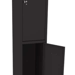 Black metal locker with two compartments, one stacked above the other. The top compartment is closed, and the lower compartments door is open, revealing the empty interior. Both compartments have small ventilation slots.