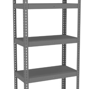 A tall, five-shelf metal shelving unit with evenly spaced, grey-colored shelves. The sturdy frame has perforated side supports and an open back design, suitable for storage or organizing items.