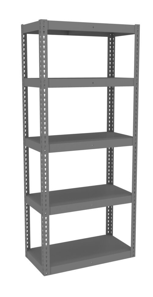 gsbiqhu8j24tdxemem0f.jpg A tall, five-shelf metal shelving unit with evenly spaced, grey-colored shelves. The sturdy frame has perforated side supports and an open back design, suitable for storage or organizing items.