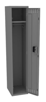 A tall, open metal locker with a single interior shelf and a hook inside. The locker is gray and features a lock mechanism on the door.
