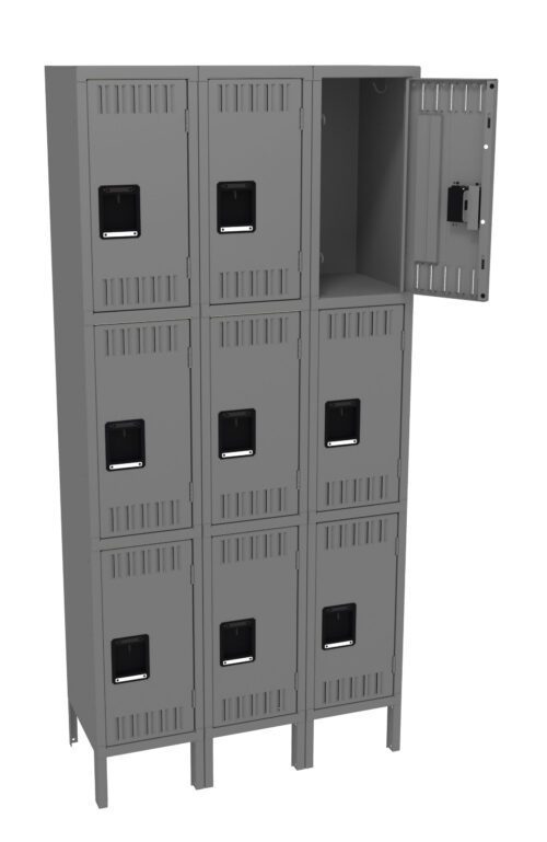 Gray metal locker unit with nine compartments, arranged in a 3x3 grid. Each locker has a black handle. The top right locker door is open, revealing an empty interior.