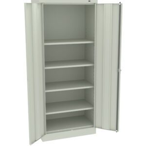 Open metal storage cabinet with four shelves and two doors. The cabinet is light gray in color, with one door fully open and the other partially open. The interior is empty, showcasing the adjustable shelving space.