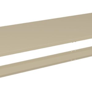 Beige metal shelf and supporting bracket, both with pre-drilled holes, isolated on a white background.