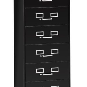 A black, tall filing cabinet with six drawers, each featuring silver handles and label slots. The top drawer has a key lock. The cabinet is clean and stands on a white background.