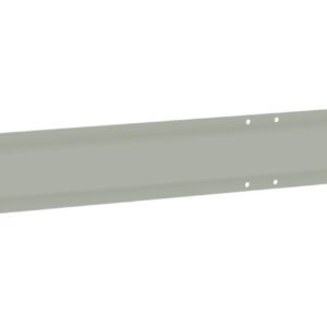 A long, flat, light gray metal bar with a smooth surface and four evenly spaced holes on each side, possibly used for structural or industrial purposes.