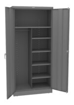 Open metal storage cabinet with two doors and a gray finish. Inside, it features multiple shelves on the right and a hanging rod on the left for organizing items. The cabinet appears empty and is set against a plain background.