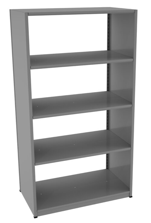 guu77n9p16ji9ofdqxaz.jpg The gray Tennsco shelving, a five-shelf metal bookcase, stands empty with its minimalist design. Each evenly spaced shelf is supported by a sturdy frame and features a smooth finish, showcasing sleek and clean lines.