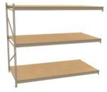 A three-tier metal shelving unit with beige shelves, designed for storage. The shelves are evenly spaced, supported by a sturdy metal frame on the left side, with open right side and rear for easy access.