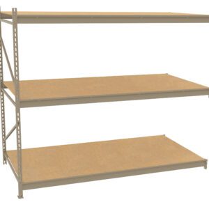 A three-tier metal shelving unit with beige shelves, designed for storage. The shelves are evenly spaced, supported by a sturdy metal frame on the left side, with open right side and rear for easy access.