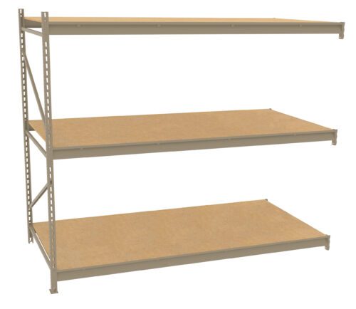 guw2npo7bcvv85209wfg.jpg A three-tier metal shelving unit with beige shelves, designed for storage. The shelves are evenly spaced, supported by a sturdy metal frame on the left side, with open right side and rear for easy access.