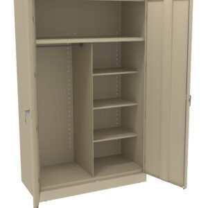 A beige metal storage cabinet with an open door, revealing a clothing rod on one side and four shelves on the other. The cabinet is empty and has handles on both doors.