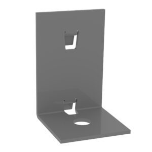 A gray metal bracket with an L-shaped design featuring two rectangular cutouts on the vertical section and a circular hole in the horizontal section. Its suitable for supporting or mounting structures.