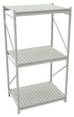 A tall, light gray metal shelving unit with three adjustable shelves and supportive crossbars. The shelves have a slatted design, suitable for storage or organizing items. The structure is sturdy and industrial-looking.