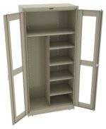 A beige metal storage cabinet with two open doors. Inside, it features a hanging rod on the left and five adjustable shelves on the right. The cabinet is empty, showcasing its storage space.