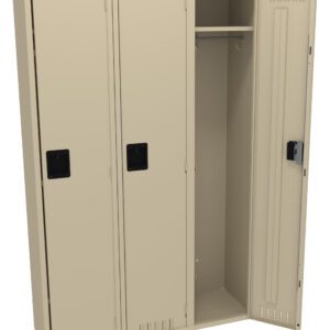 A tan metal storage locker with three doors. The middle door is open, revealing an empty interior with a shelf and hanging rod. The other two doors are closed. Black handles and ventilation slots are visible on each door.