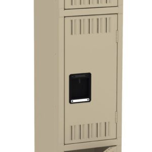 A beige, three-compartment locker with black rectangular handles. The bottom compartment is open, revealing an empty interior. The locker has ventilation slots on each door.