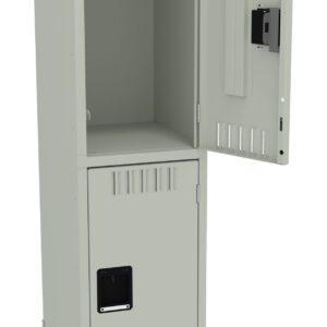 A tall light gray metal locker with two compartments is shown. The upper compartment is open, revealing an empty interior, while the lower compartment is closed. Each door features vent slits and a small rectangular handle.