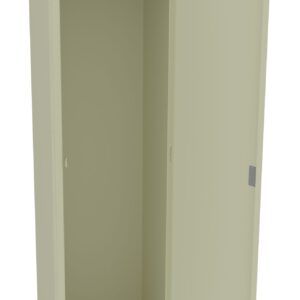 Open beige metal locker with two doors, one partially open. Inside, there is an empty space with a hanging rod and hook. The interior is plain and unadorned. The locker stands on a flat surface.